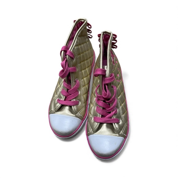 Hello Kitty quilted high-top sneakers in gold with pink laces. Size 3 - Picture 3 of 11